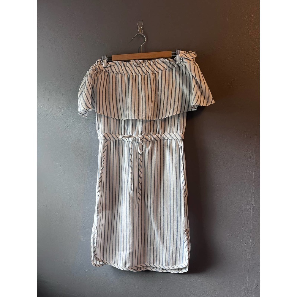 BCBG Maxazria Striped Blue and White Ruffle Off Shoulder Dress XS